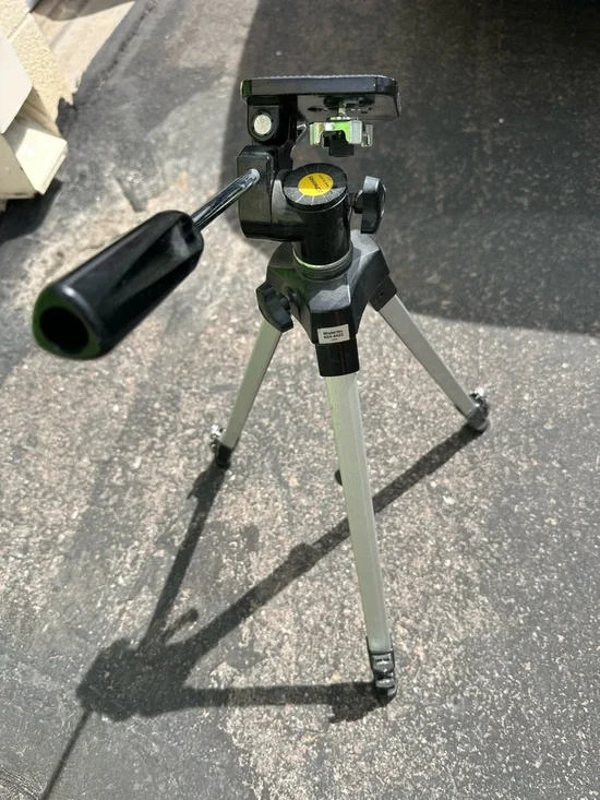 Portable Black and Silver Camera Tripod with Adjustable Pan Head