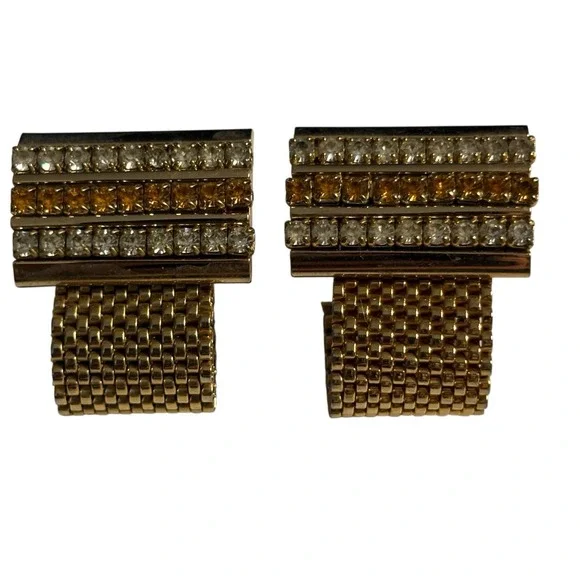 Vintage Cufflinks Yellow & Clear Rhinestone Gold Tone Mesh Wrap Around MCM Retro