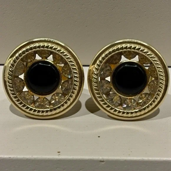 Gold Tone Rhinestone Cufflinks Black‎ Center Round Vintage Rope Twist Design MCM