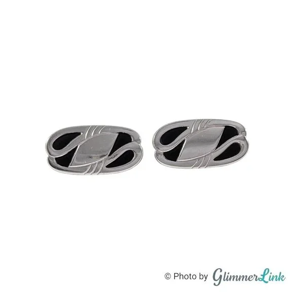 Vintage Anson Oblong Black Enamel Engravable Swirl Silver Tone Cufflinks