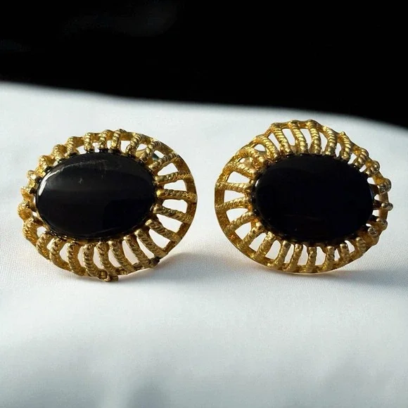 Vintage Destino Cufflinks Black‎ Center Gold Tone Oval Open Work Dome Design MCM