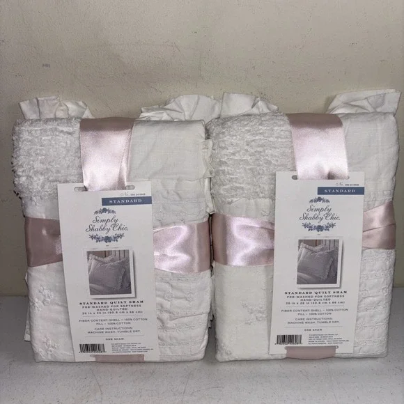 Simply Shabby Chic White Chenille Patchwork Ruffle Quilted Standard Shams Pair
