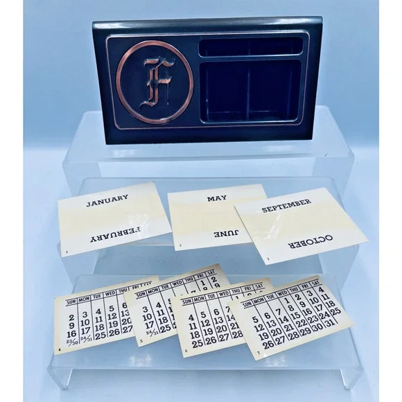 Vintage ’’F’’ Monogram Desktop Bronze & Copper Tone Perpetual Calendar 1950s