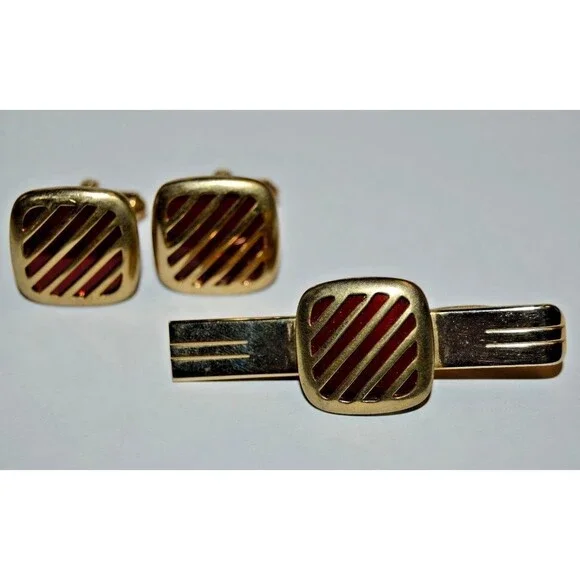 Vintage Brass with Red Accents 1960s Classic Men's Cuff Links & Tie Bar Set Rare