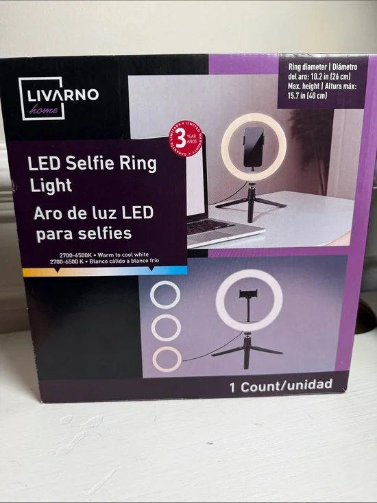 Livarno Home LED Selfie Ring Light with Tripod – 10.2”. New in Box!
