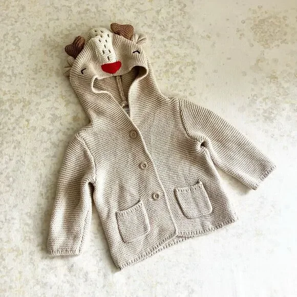 baby Gap Girls Size 3-6M Reindeer Hooded Cardigan Sweater Winter Xmas Rudolph