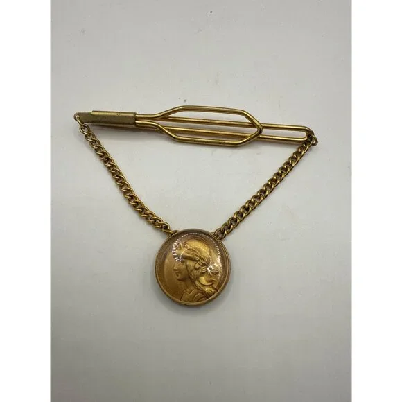 Vintage Gold-Tone Tie Bar With Chain & Roman Coin Pendant Design