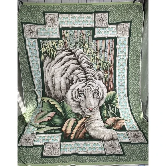 White Tiger Jungle Animal Quilt Fabric Panel 35.5