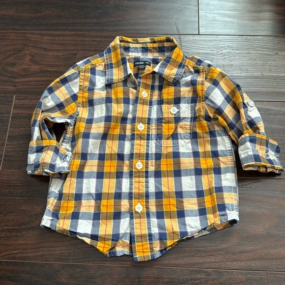 Baby gap boys orange and blue plaid cotton button down dress‎ shirt size 18-24m
