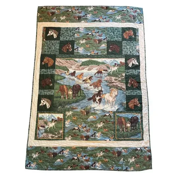Handmade Horse patchwork Large Quilt stitched embroidered cottage blanket 55x79”