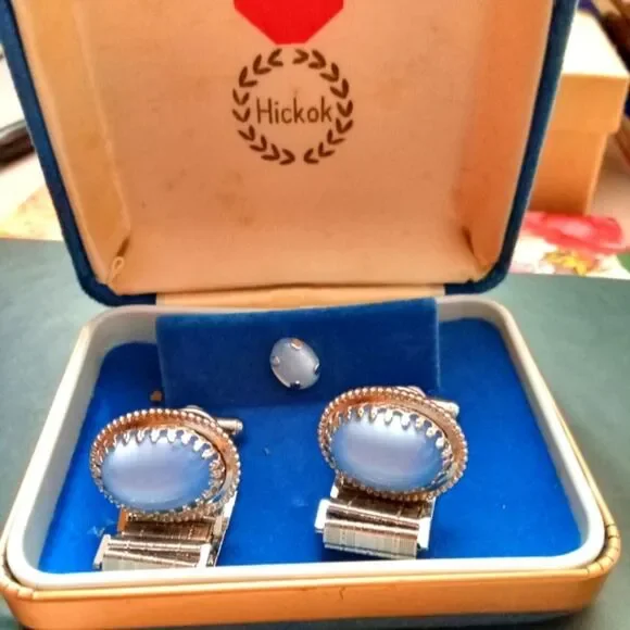 Hickok Sky Blue Tie Pin And Cuff Links Gift Set Vintage