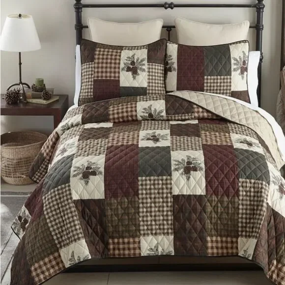 Pine Cone Panels Printed Twin Quilt Set Country Lodge Rustic Cabin Forest