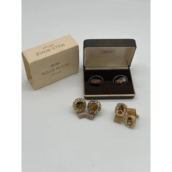 Vintage Cufflink Lot Avon Rolls Royce 1972 Gold Tone Mesh Wrap Cufflinks 3 Pairs