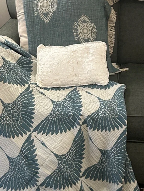 Teal and Cream Quilted Throw Modern Feathered Flock Cranes size 55 x 77