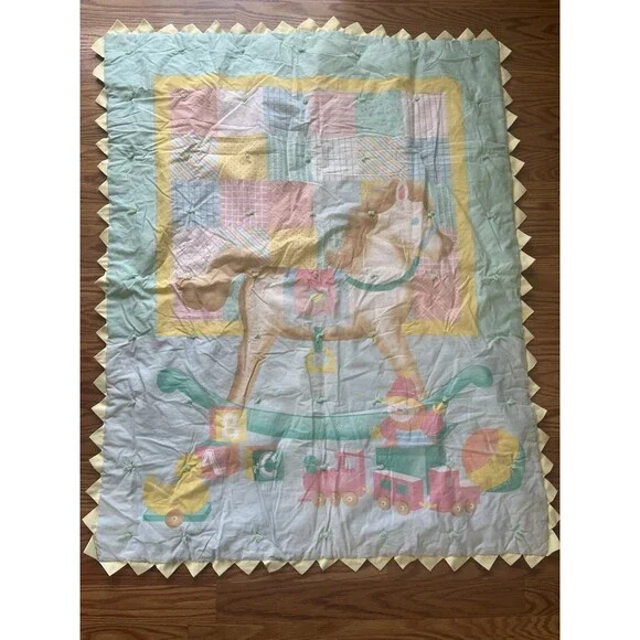 Vintage Baby Quilt Coverlet Mint Green/Yellow Rocking Horse 31.5