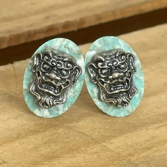 Hickok gargoyle oriental mask Bakelite silver tone cufflinks Made in USA