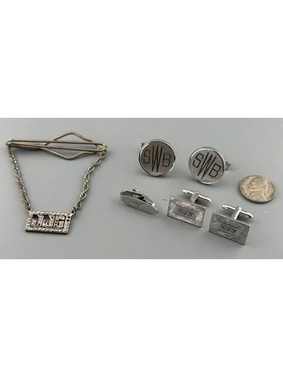 Vintage Cufflinks Sterling & Silver Tone Tie Bar Links Lot Tested Mixed Metal