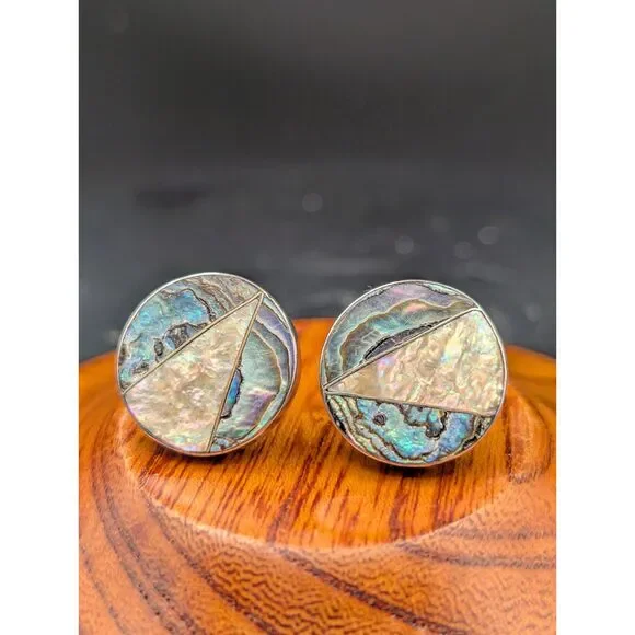 Vintage Silver Tone Cufflinks • Round Face • Toggle Closure • Marked