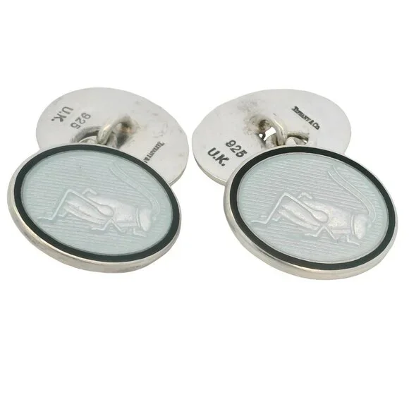 Tiffany & Co 925 Sterling Silver and Enamel Rare Blue Grasshopper Oval Cufflinks