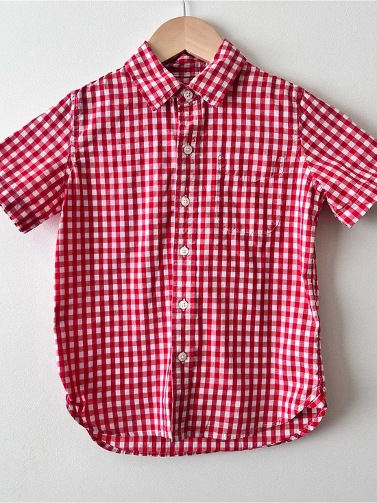 GAP Boys Red White Gingham Short Sleeve Collared Short Sleeve Button-Up Cotton S
