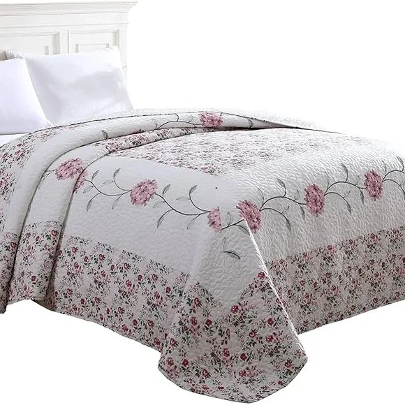 Carnation Embroidered Bedspread Rose Sz Full