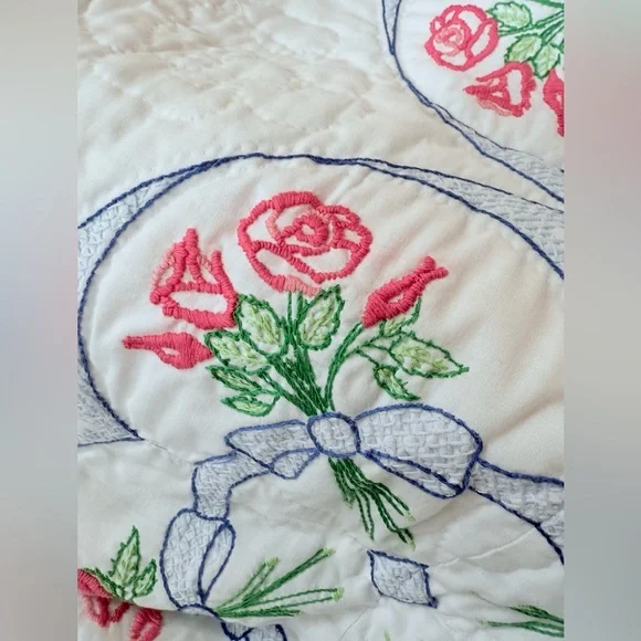 Crib Quilt 44”x29” Floral Embroidered