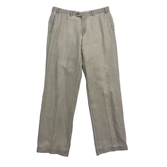 Hiltl 36x30 Beige Linen Cotton Washed Trousers Dress Pants Flat Front Cuffed