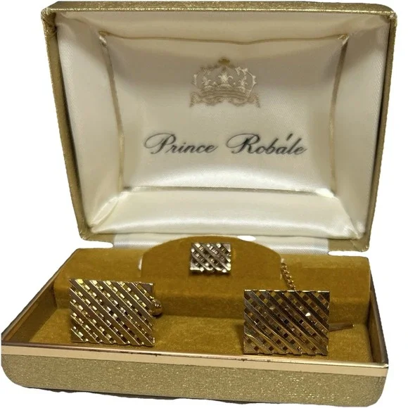 Men's‎ Vintage New In Box Prince Robale Timeless Gold Tone Cuff Links & Tie Pin