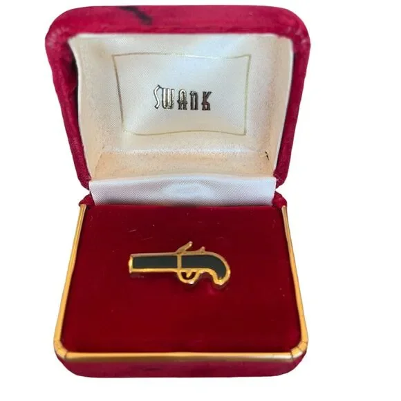 Vintage SWANK Hand Gun Revolver Pistol Tie Tack Pin In Box Mens Jewelry Gift