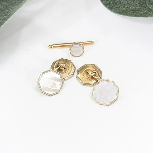14K Gold Electroplated Mother of Pearl Cufflinks and Tie Tack Set Signed