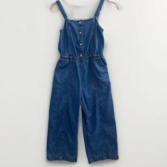 Gap Girl Denim Wide Leg Jumpsuit Overalls Blue Button Elastic Waist LARGE 10