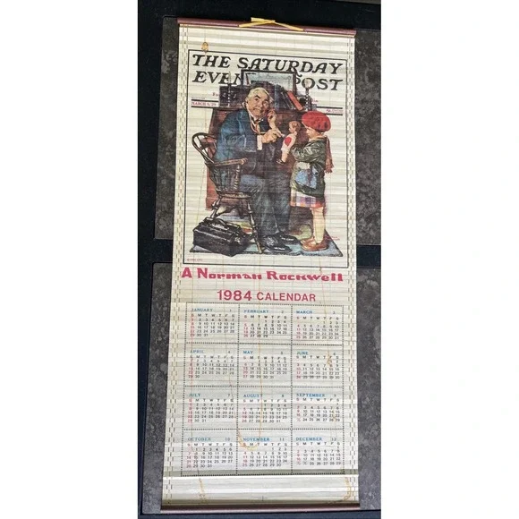 Vtg. Wooden 1984 Norman Rockwell Year-Long Roll-Up Calendar Wall Hanging