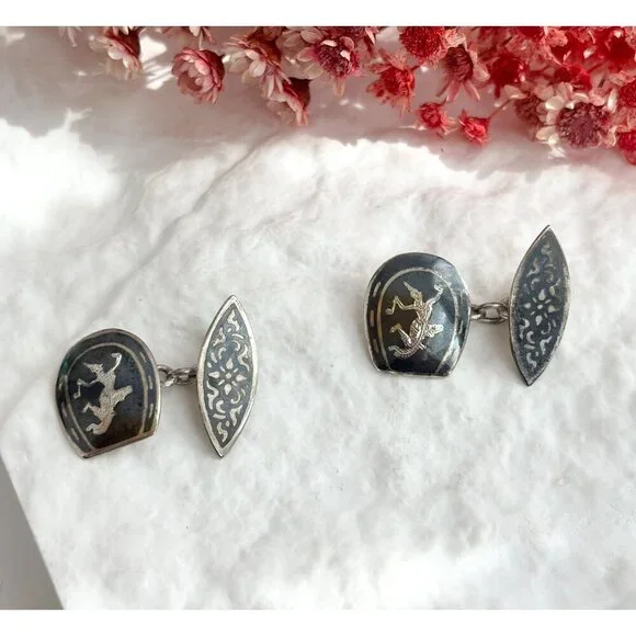 Siam Sterling Cufflink Black Horseshoe Nielloware Vintage Thai Made 925 Earrings