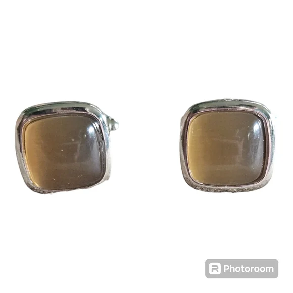 Vintage Silver Tone & Cats Eye Cuff Links