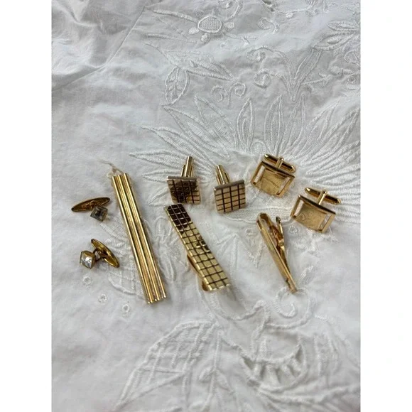 Mens Gold Tone Cufflink Tie‎ Clip Set Square Crystal Elegant Formal vintg