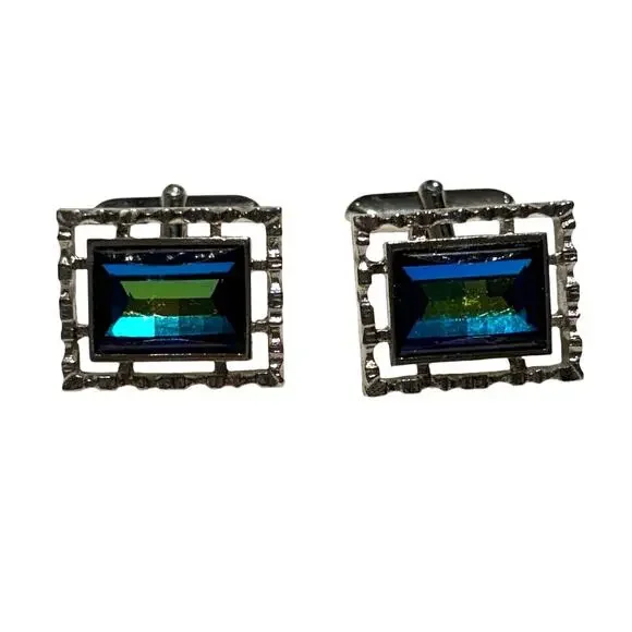 Vintage Mid Century Silver Cufflinks Textured Faceted aqua blue green centers