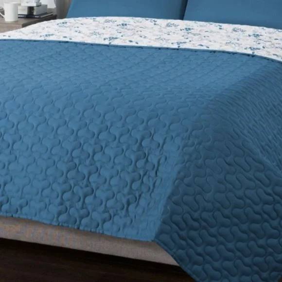 North Shore Living Reversible Quilt Teal Blue & Floral Queen Quilted New