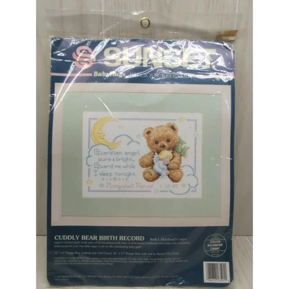Sunset Cuddly Bear Birth Record Counted Cross Stitch Kit Ruth Morehead