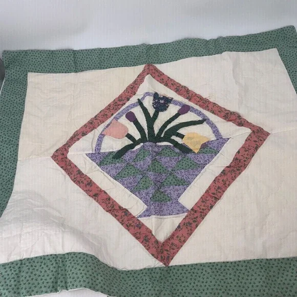 2 Quilted Pillow Shams basket of tulips in green, pink, and purple fabrics