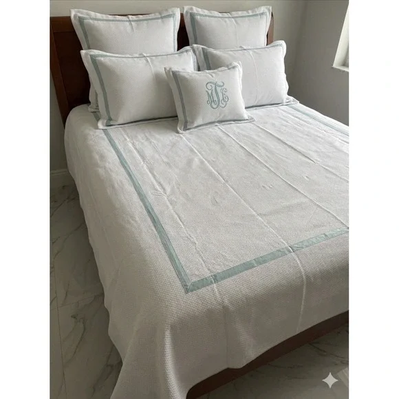 Look Linen‎ Co Twin Banded Duvet Cover White Blue Trim Cotton Portugal Luxury