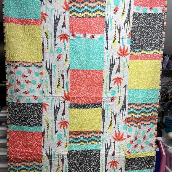 Colorful Patchwork Quilted Throw Blanket in Coral, Aqua, Yellow & Black