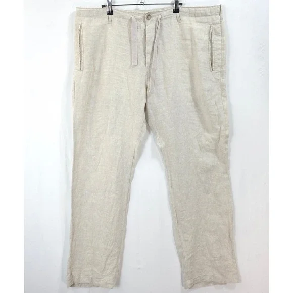 Perry Ellis Linen Pants Men 38 Drawstring Waist Beige Coastal Resortwear