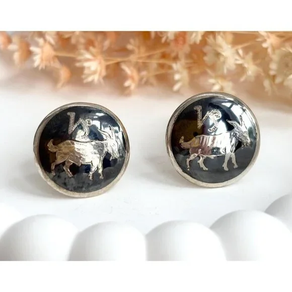 Siam Sterling Taurus Figural Nielloware Enamel Vintage Black Round Cufflinks