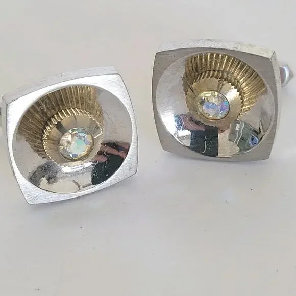Silver Tone Logo Cufflinks Vintage Square Retro Circonia Space Age Mid Century