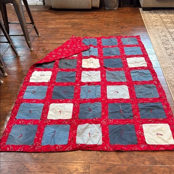 Vintage Patchwork Quilt with Red, Blue, and White Squares