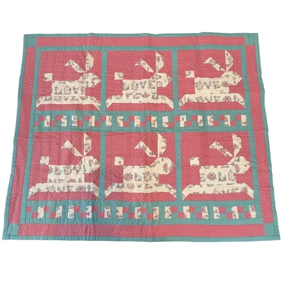 Handmade Bunny Rabbit Patchwork Quilt Pink Teal Nursery Wall Hanging 40x33