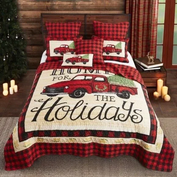 Red Vintage Truck Christmas Printed Queen Quilt Set Holiday Farmhouse Cottage