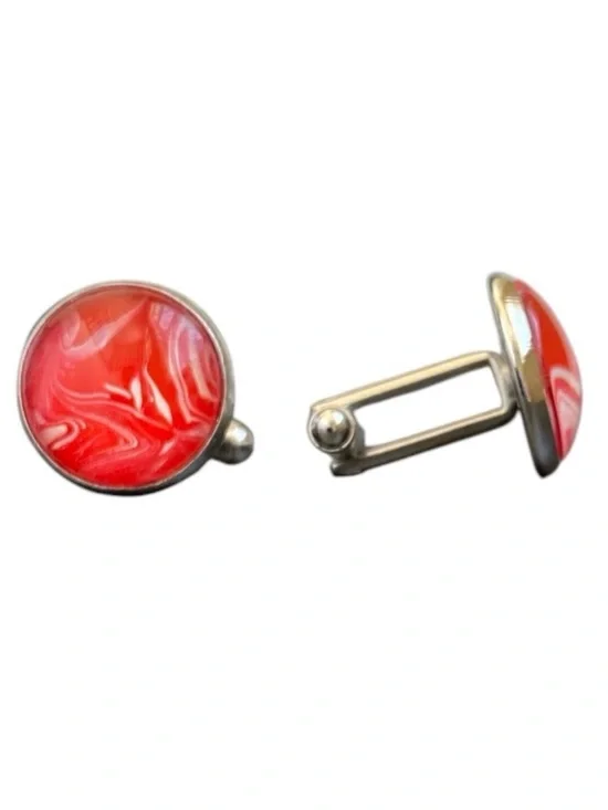 Hand Crafted Fluid Art Cuff Links by Svetlana Yeung in Red Silver and White