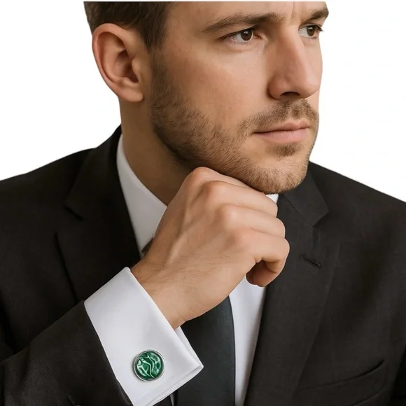 Hand Crafted Fluid Art Cufflinks Green Silver Glass Cabochon Brass