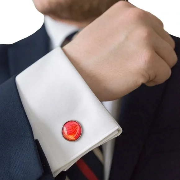 Hand Crafted Red Gold Fluid Art Cufflinks Glass Cabochon Men’s Gift